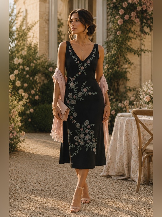 French Connection Dresses & Skirts - Vintage Y2K Midi Floral Beaded Black Autumn Wedding Guest Homecoming Dress Sz 8